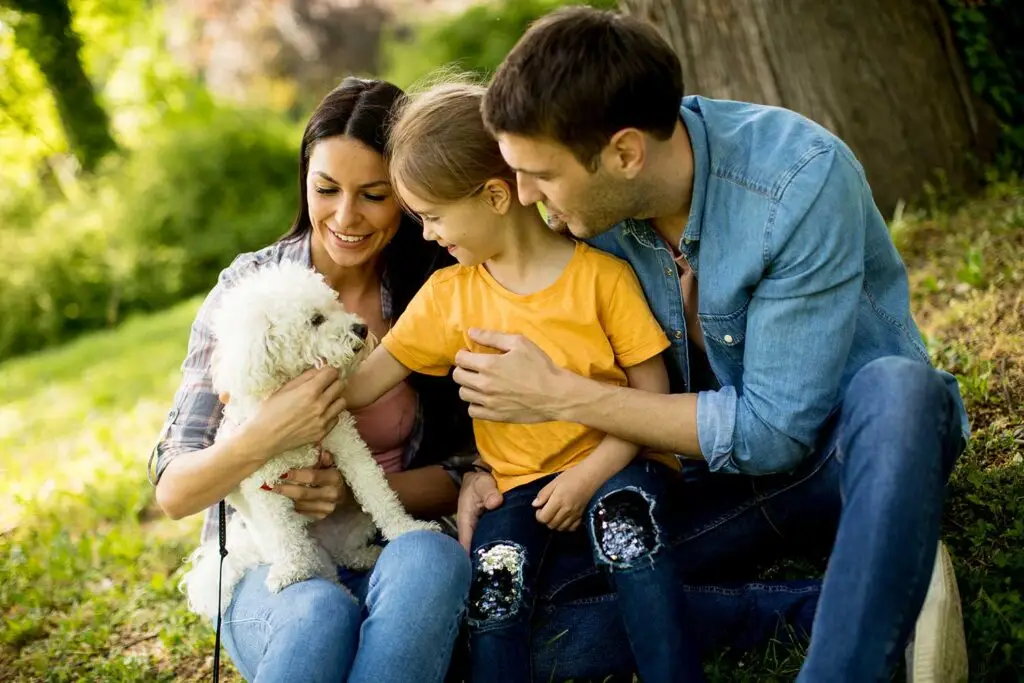 happy family with cute bichon dog in the park