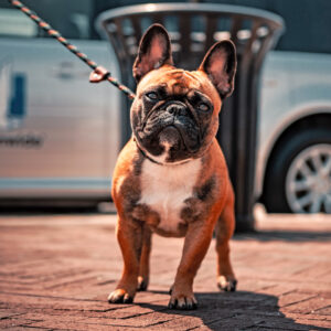 bouledogue français en laisse